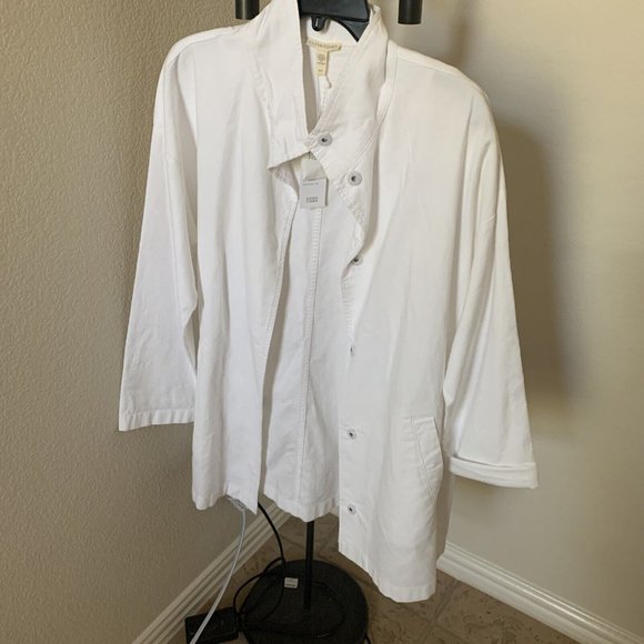 NWT Eileen Fisher White Organic Cotton Hemp Stand Collar Long Jacket